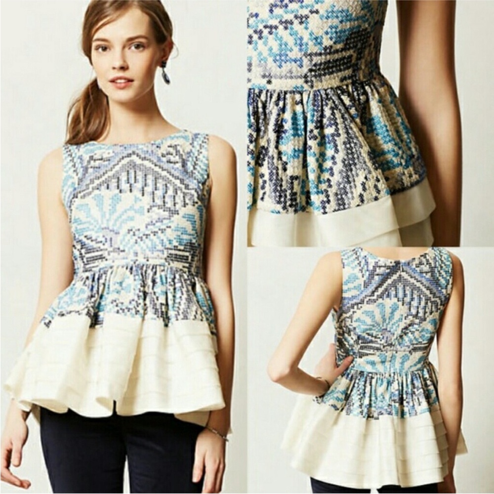 Anthropologie Fish Fry Top 8 P Blue White Daksha Stitched Peplum RARE